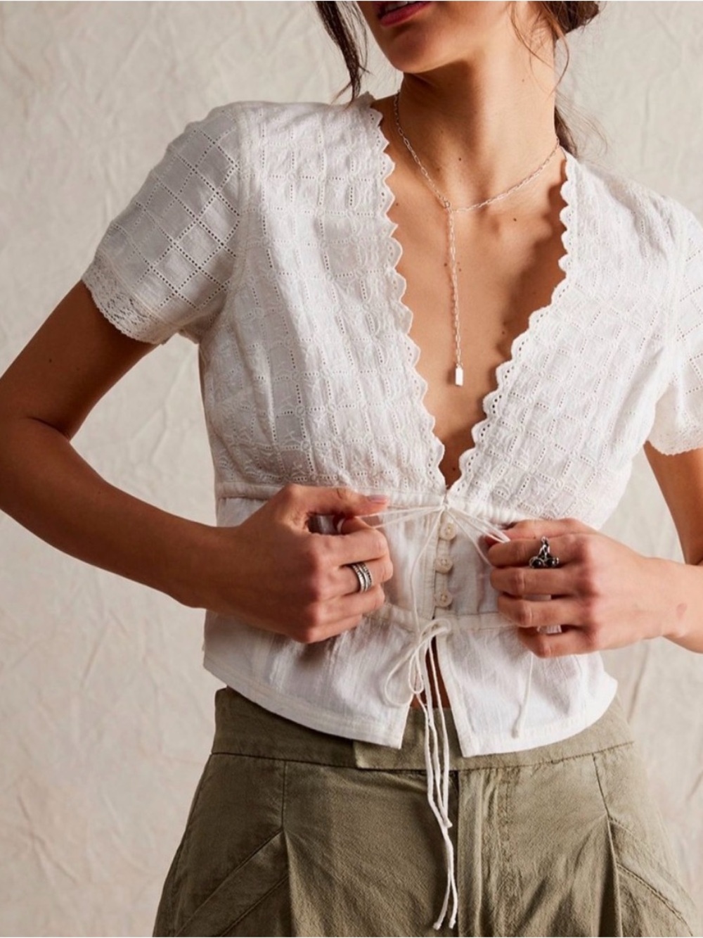 NWT We The Free Riviera White Eyelet Lace Tie-Front Women's Top